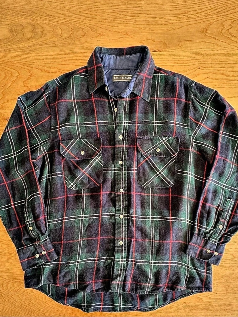 David Taylor Plaid Flannel Shirt Mens Large Green Red Long Sleeve Vintage